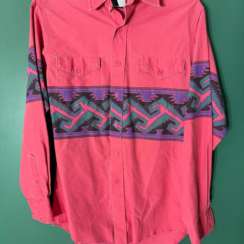 Wrangler Vintage 90s Brushpopper Aztec Geometric Western Shirt Pink Red Mens M